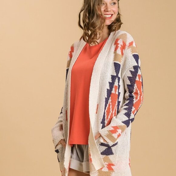 Umgee Sweaters - New with Tags Multicolor Pattern Open Front Cardigan with Side Pockets